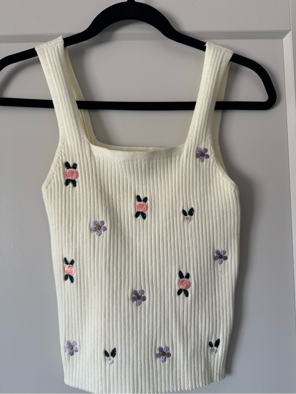 Hem & Thread Cream Ribbed Tank with Pink & Purple Floral Embroidery